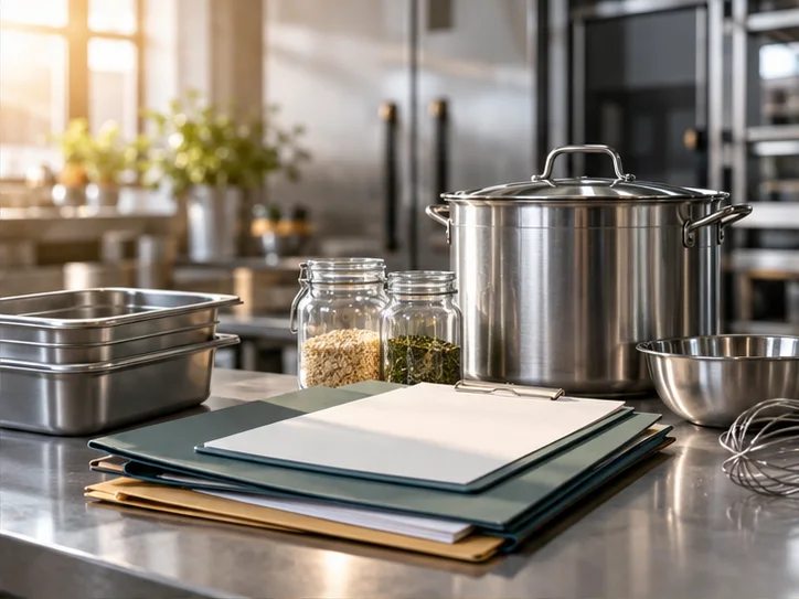 一组食品器物、设备材料与资料封套组成精细静物装置，禁止证书印章和获批勾号