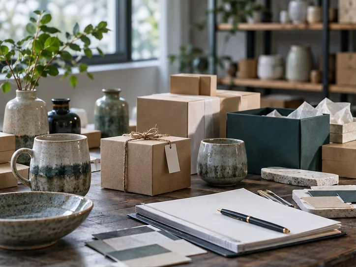 产品设计工作室的陶瓷和包装样品,旁边只有少量业务记录,账务支持产品经营的关系明确