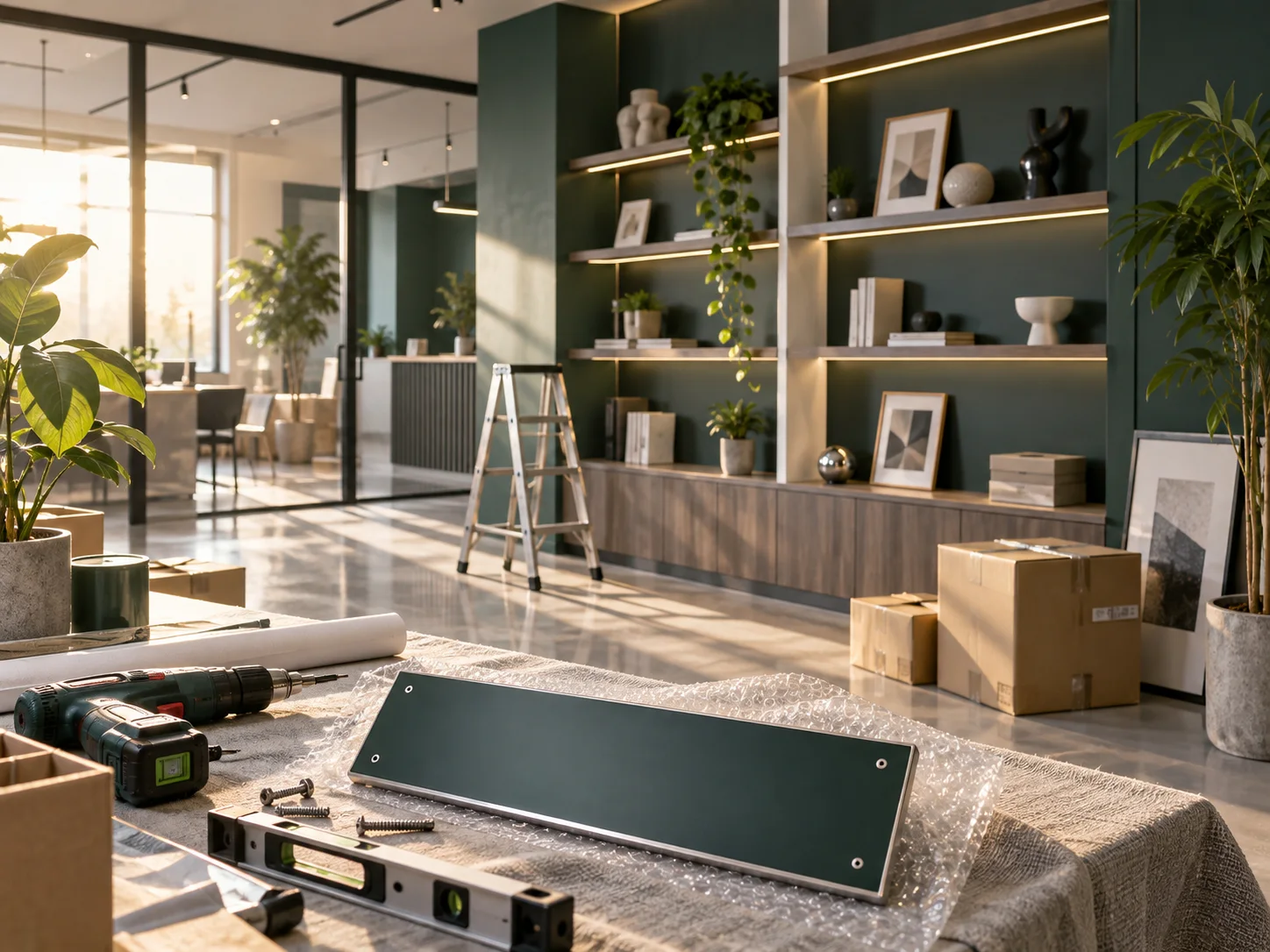 新工作室的样品展示墙刚布置好，未安装的空白门牌与工具放在前景，表达搬迁更新