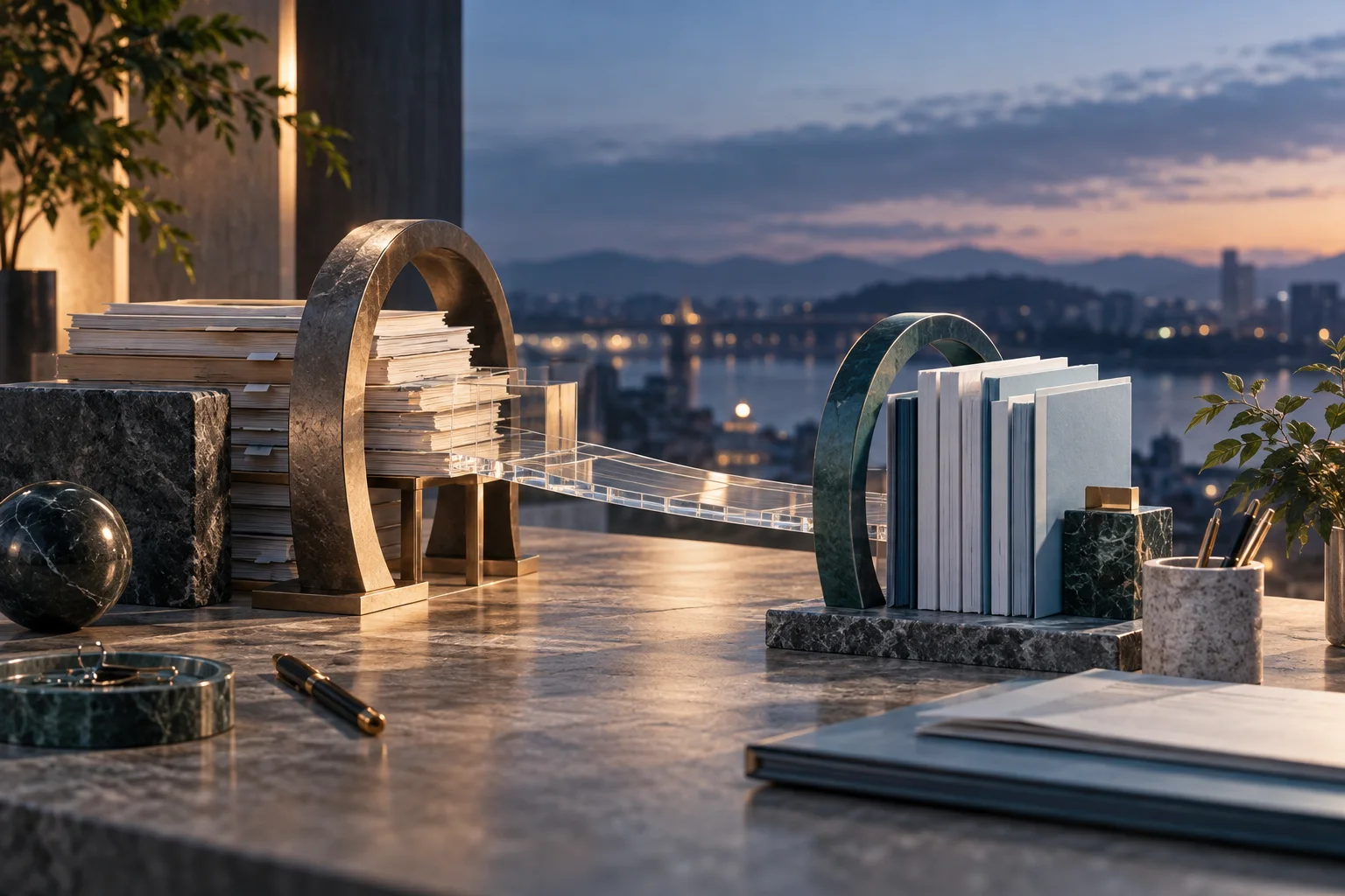 两组相互呼应的金属与纸材结构经透明承接件自然过渡,表现调整前后连贯;不用巨箭头