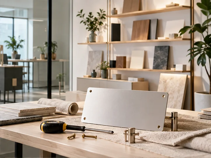 新工作室的样品展示墙刚布置好,未安装的空白门牌与工具放在前景,表达搬迁更新