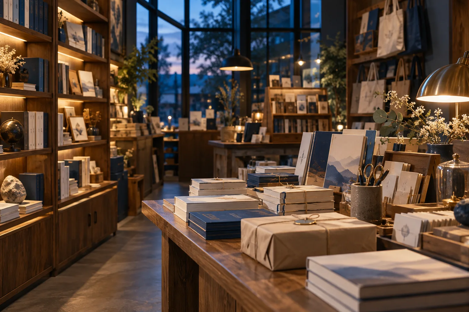 小型图书与文创门店的货架和包装区，书脊无可读文字，表现经营条件准备