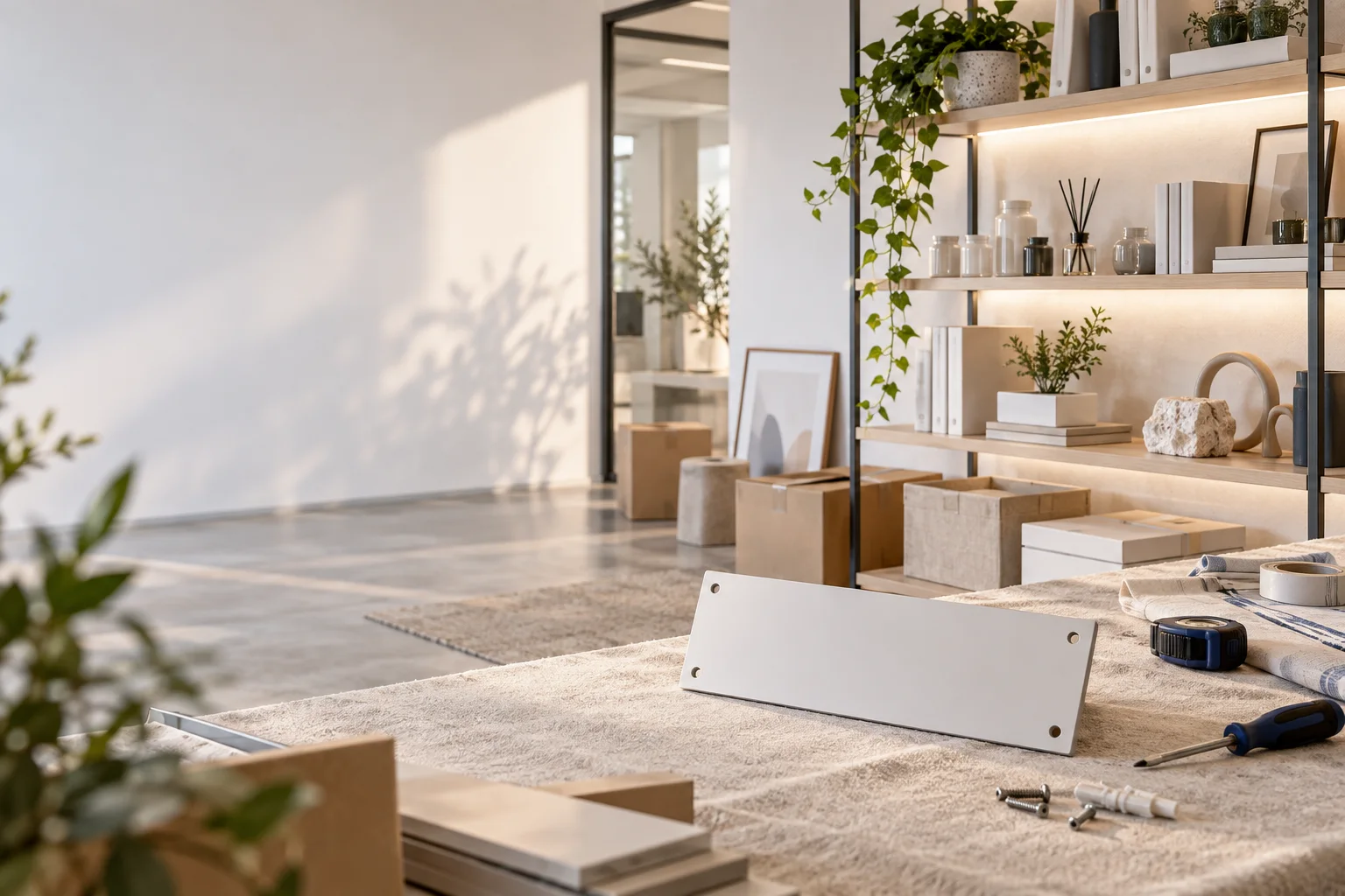 新工作室的样品展示墙刚布置好,未安装的空白门牌与工具放在前景,表达搬迁更新