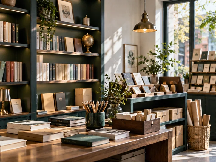 小型图书与文创门店的货架和包装区,书脊无可读文字,表现经营条件准备