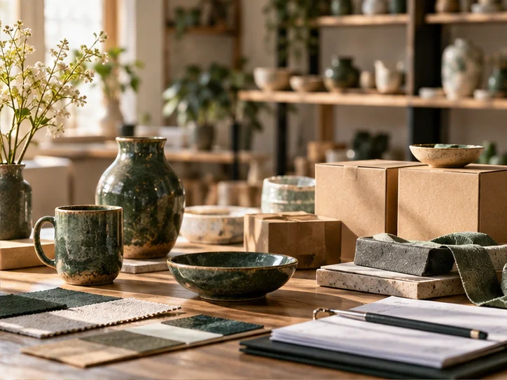 产品设计工作室的陶瓷和包装样品,旁边只有少量业务记录,账务支持产品经营的关系明确