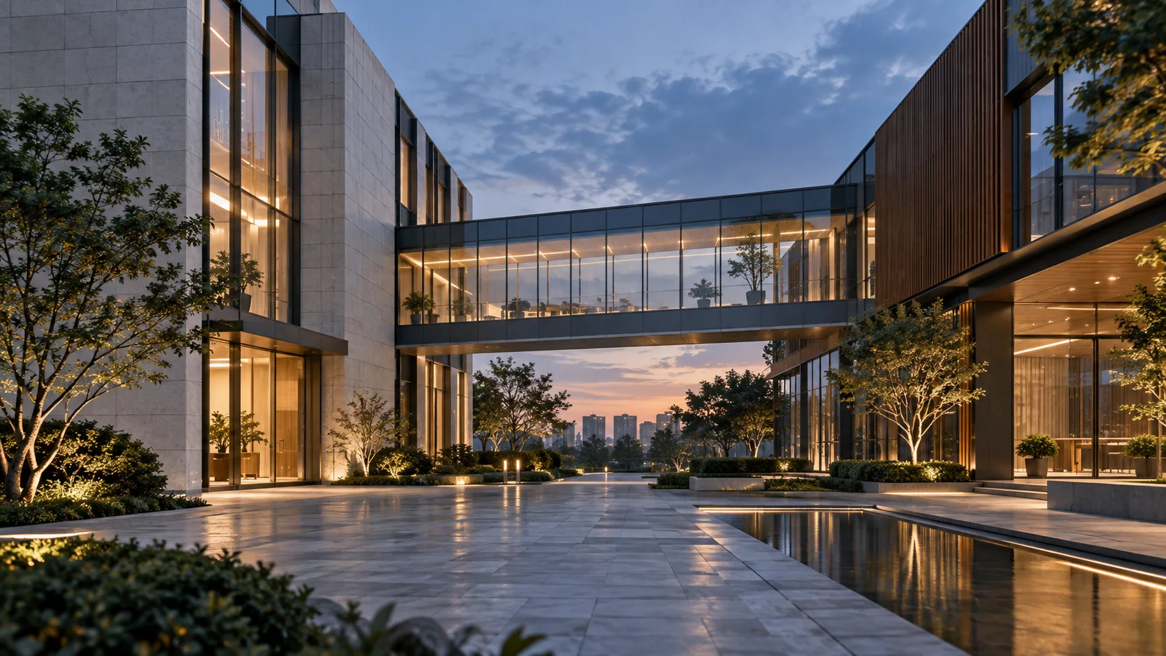 两翼不同材质的建筑通过通透廊桥相连,体量真实克制,以空间关系表达调整与协同
