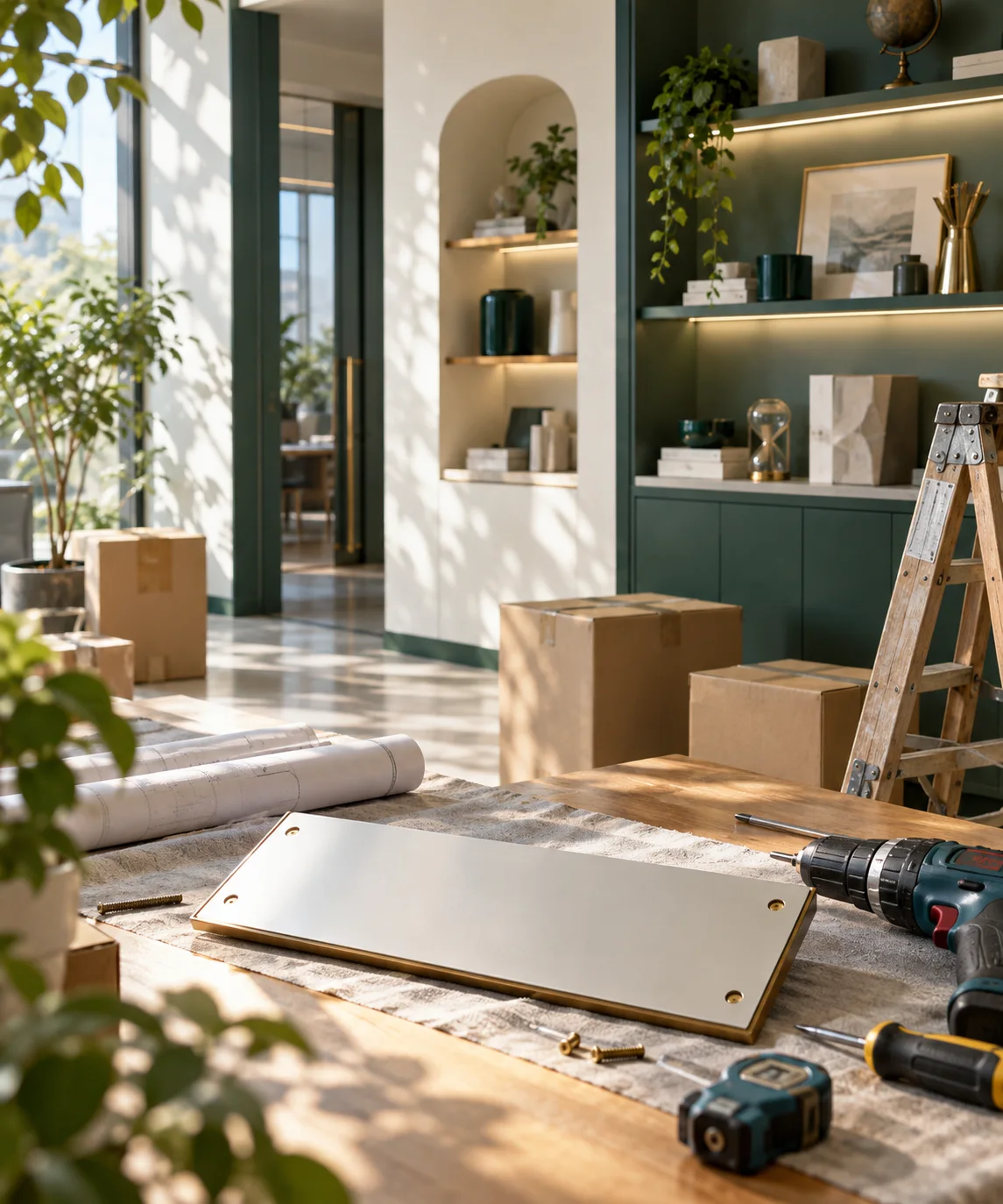 新工作室的样品展示墙刚布置好，未安装的空白门牌与工具放在前景，表达搬迁更新