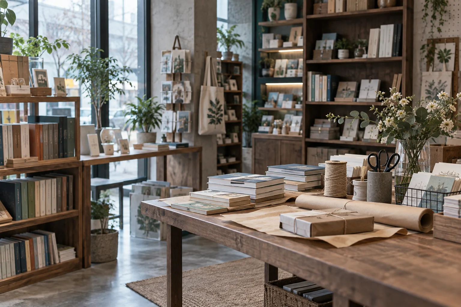 小型图书与文创门店的货架和包装区，书脊无可读文字，表现经营条件准备