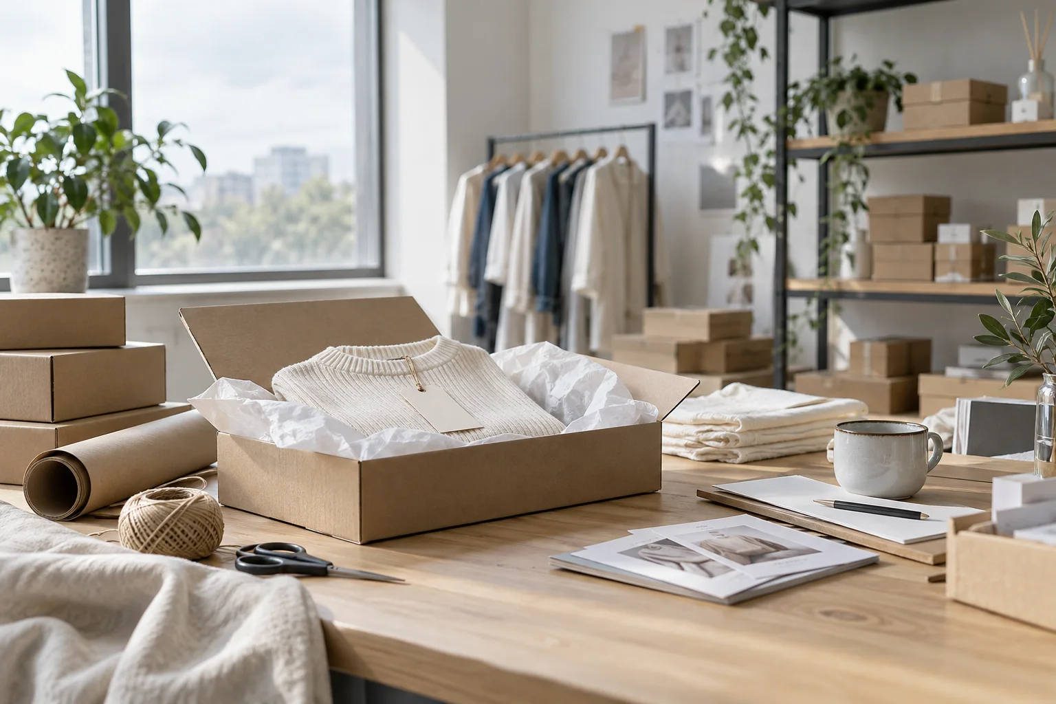 电商样品间里的单件商品、包装纸和待归集订单，选物克制而不拍仓库流水账