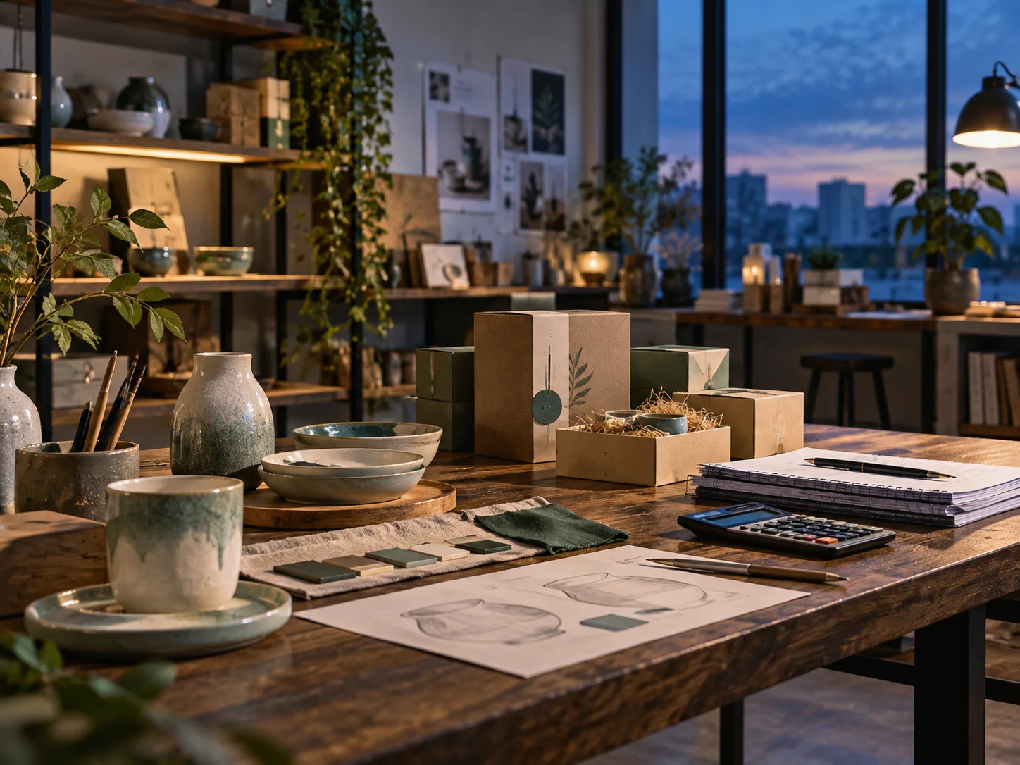 产品设计工作室的陶瓷和包装样品，旁边只有少量业务记录，账务支持产品经营的关系明确