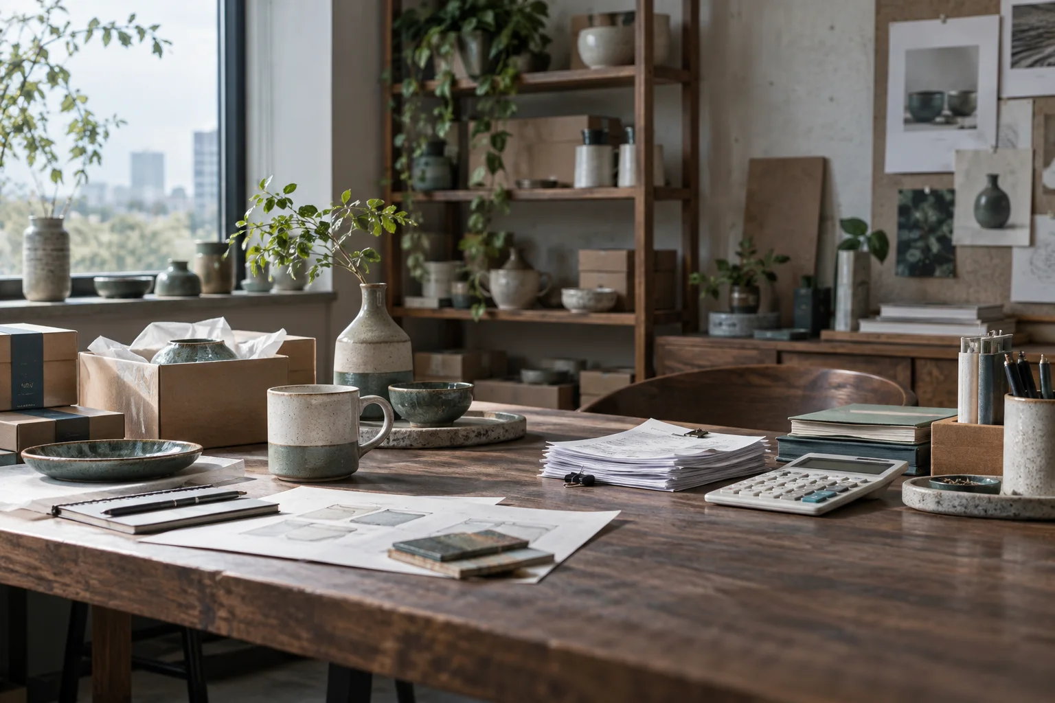 产品设计工作室的陶瓷和包装样品,旁边只有少量业务记录,账务支持产品经营的关系明确