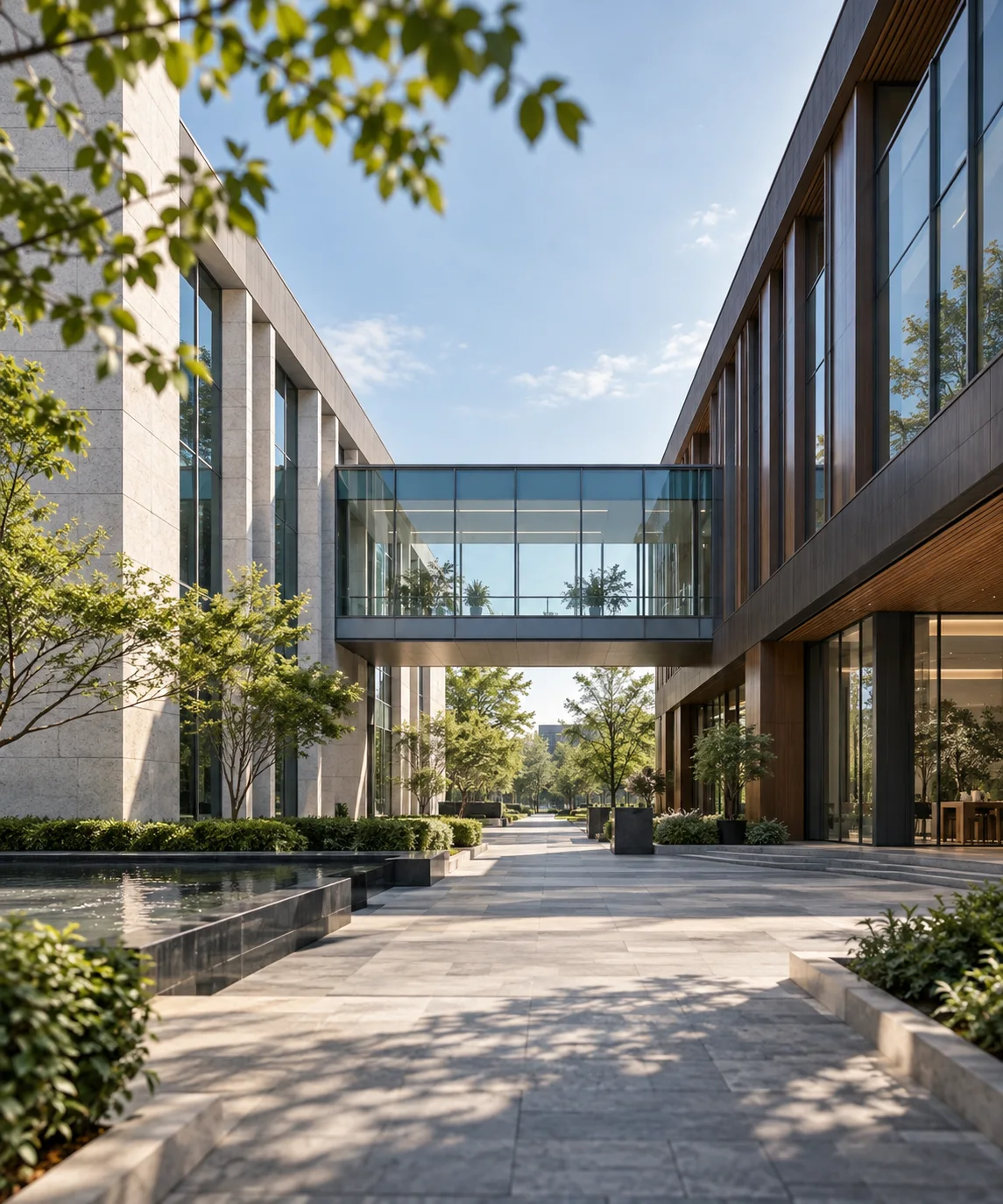 两翼不同材质的建筑通过通透廊桥相连，体量真实克制，以空间关系表达调整与协同
