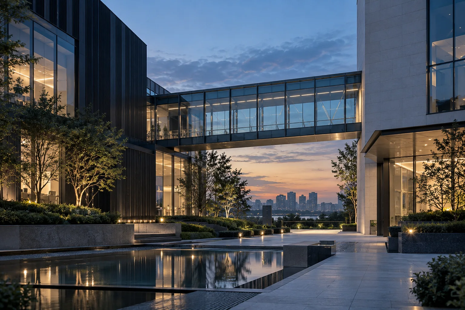 两翼不同材质的建筑通过通透廊桥相连,体量真实克制,以空间关系表达调整与协同