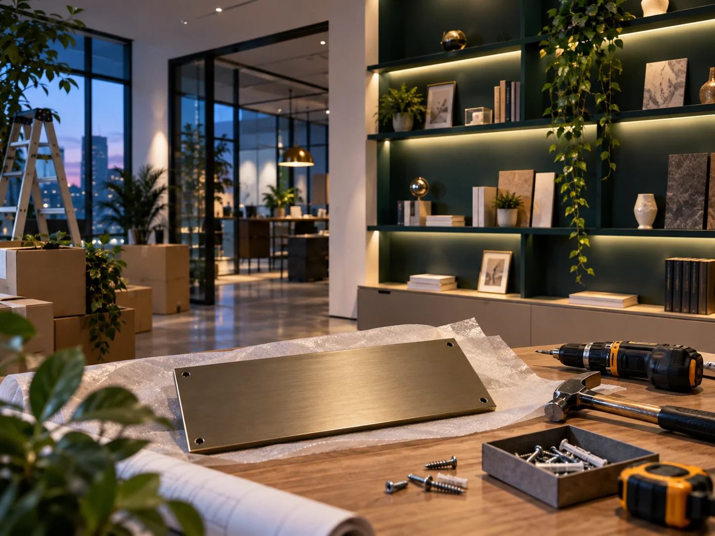 新工作室的样品展示墙刚布置好,未安装的空白门牌与工具放在前景,表达搬迁更新