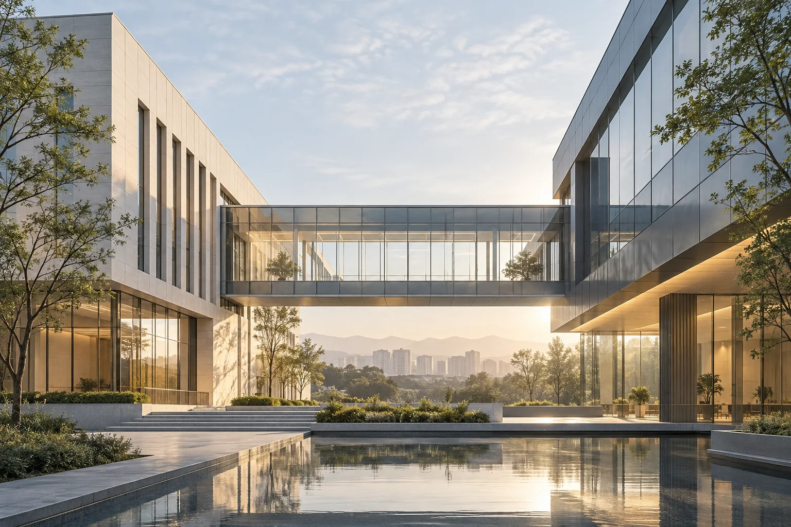 两翼不同材质的建筑通过通透廊桥相连,体量真实克制,以空间关系表达调整与协同