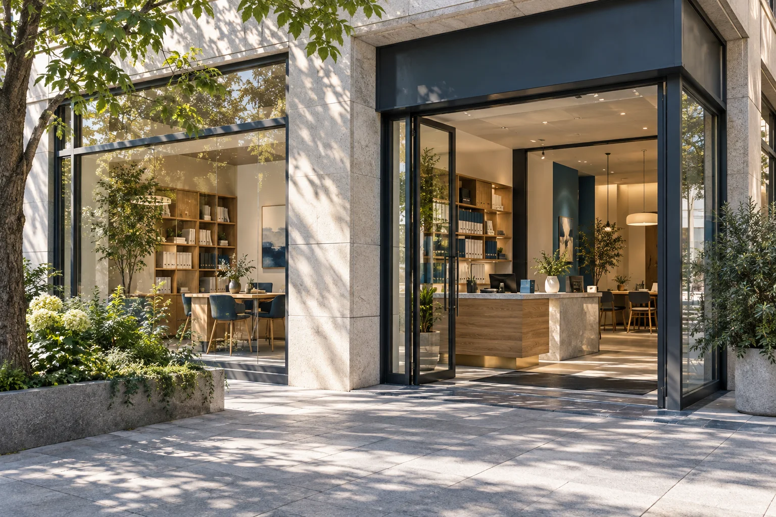 通透的现代街角独立店铺,石材门廊框住温暖的陈列空间,经营日常已从容展开