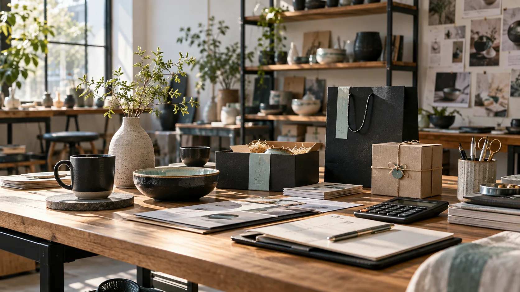 产品设计工作室的陶瓷和包装样品，旁边只有少量业务记录，账务支持产品经营的关系明确