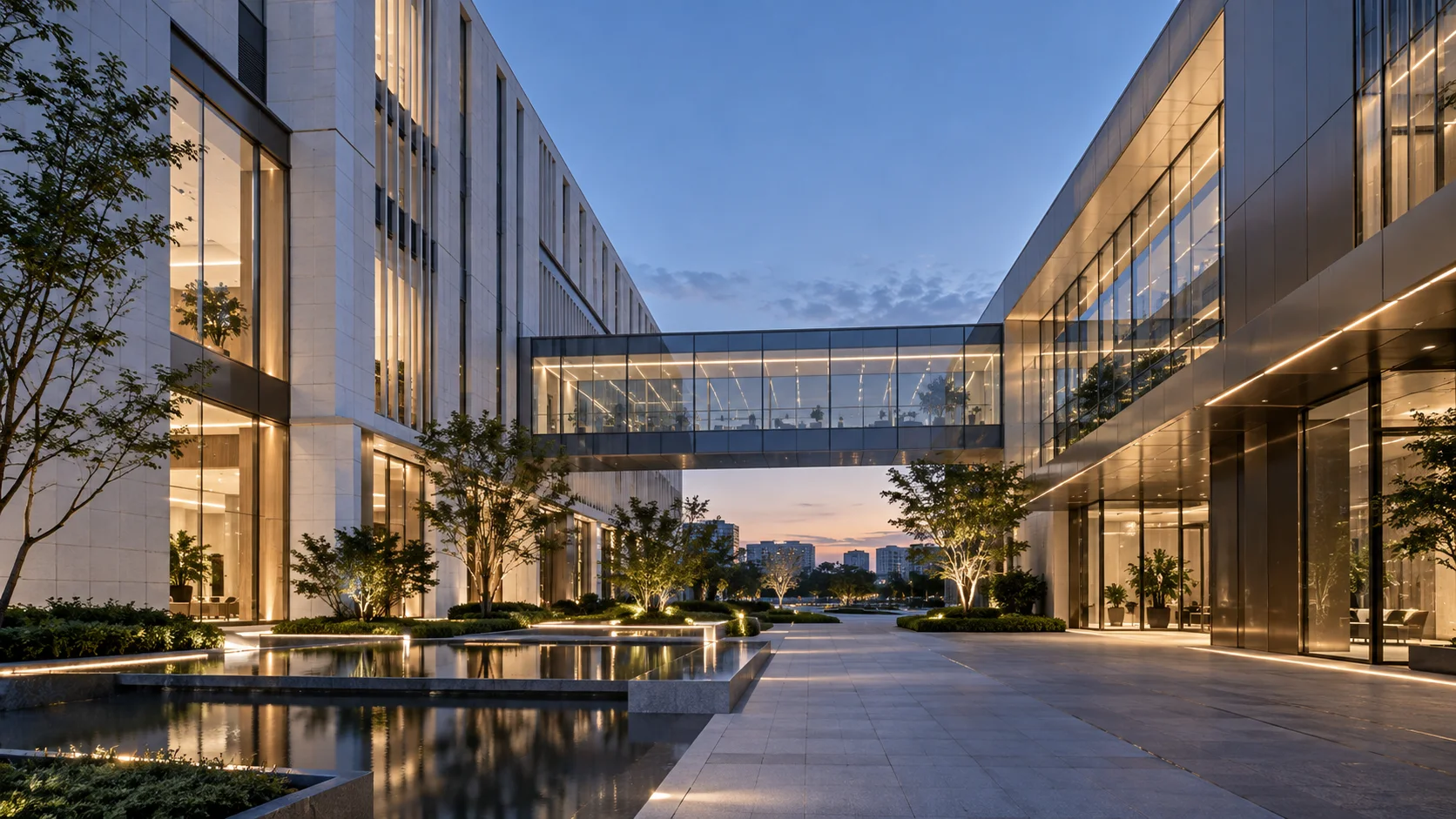 两翼不同材质的建筑通过通透廊桥相连,体量真实克制,以空间关系表达调整与协同