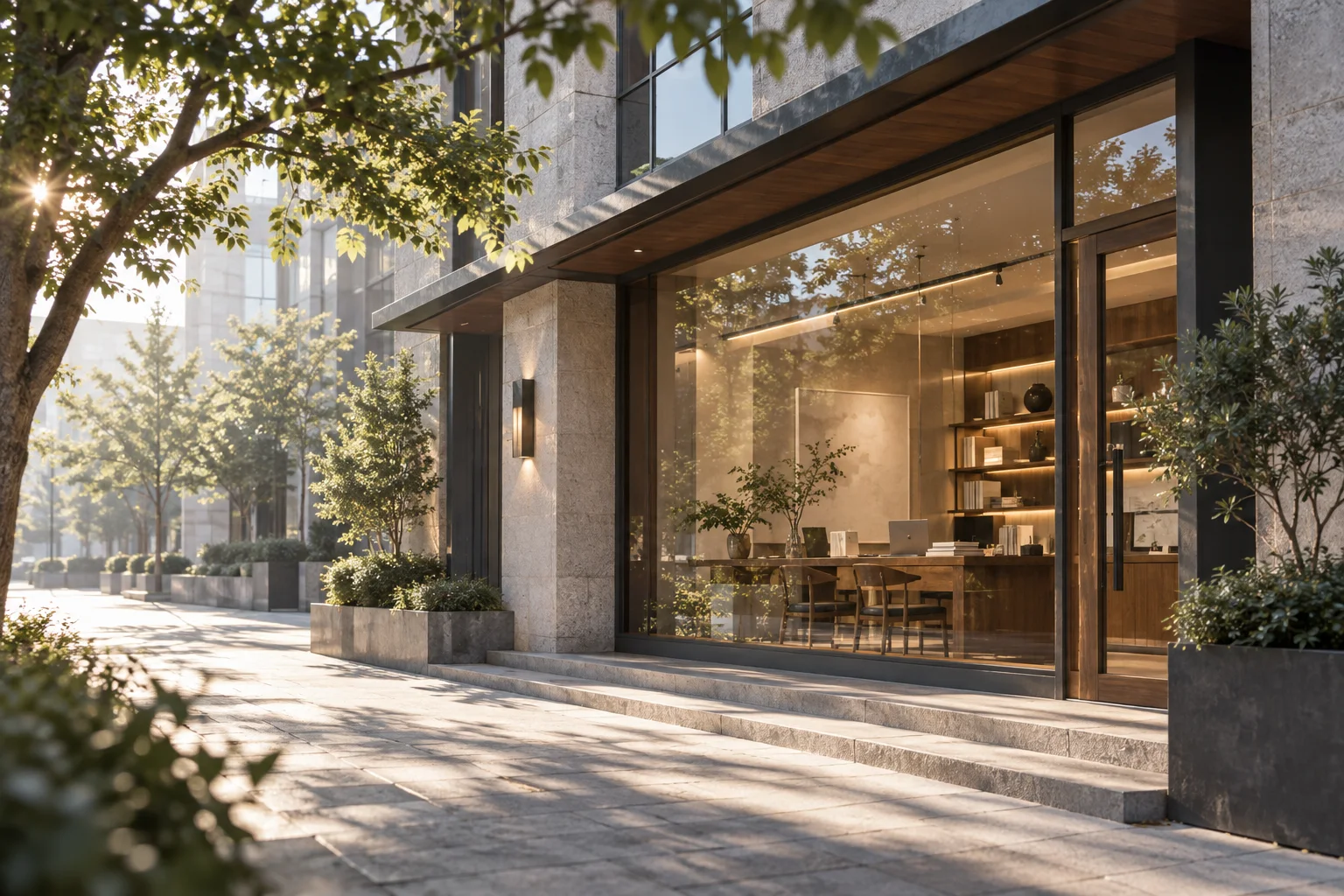 晨间商业建筑的侧立面,精心布置的橱窗成为小范围暖色焦点,前景树影与材质细节丰富