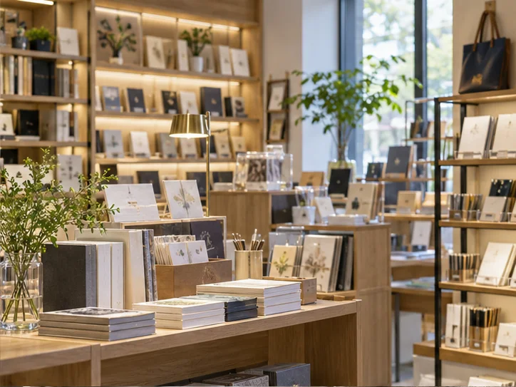 小型图书与文创门店的货架和包装区，书脊无可读文字，表现经营条件准备