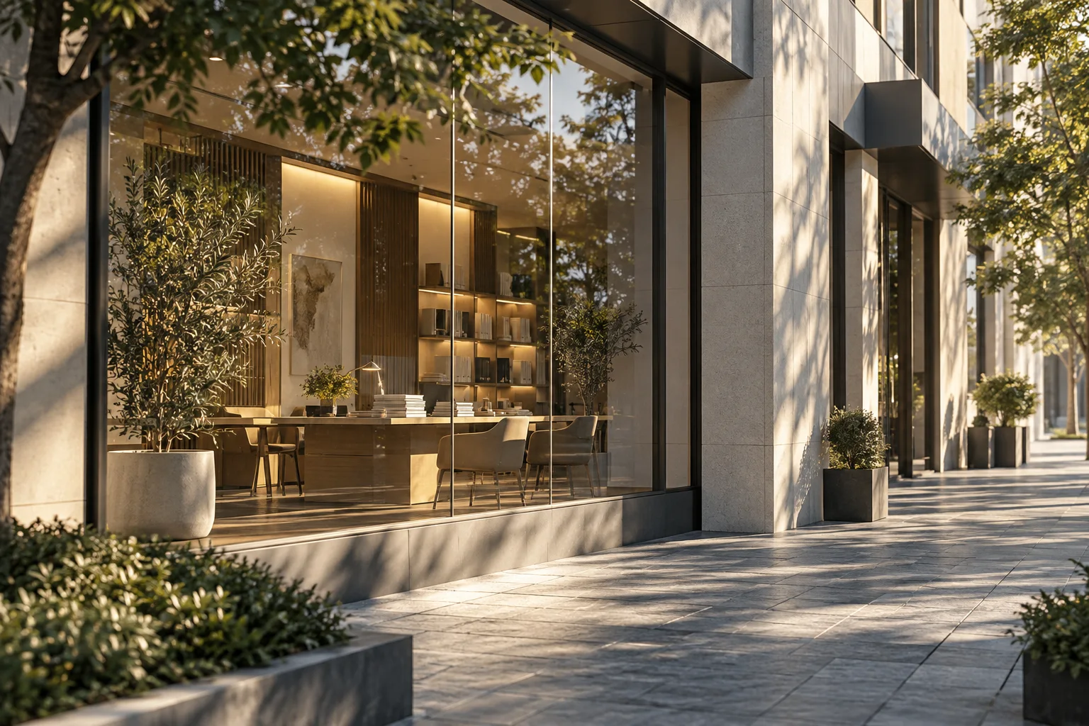 晨间商业建筑的侧立面，精心布置的橱窗成为小范围暖色焦点，前景树影与材质细节丰富