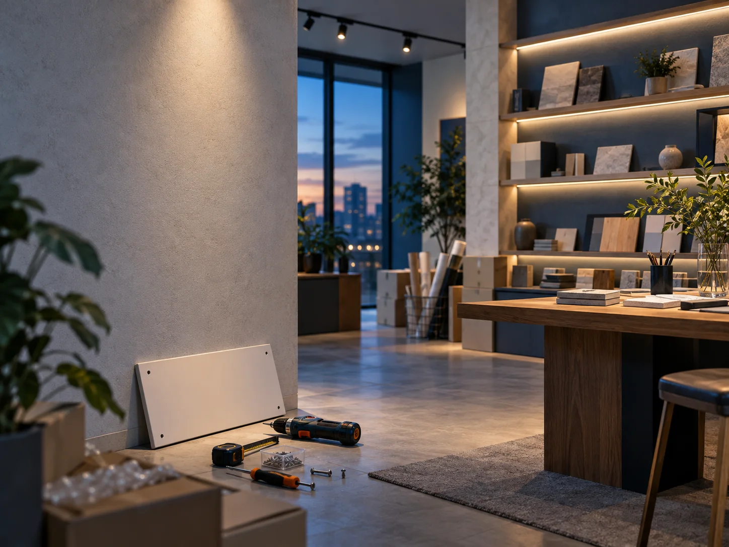 新工作室的样品展示墙刚布置好,未安装的空白门牌与工具放在前景,表达搬迁更新