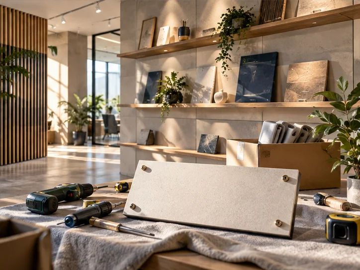 新工作室的样品展示墙刚布置好，未安装的空白门牌与工具放在前景，表达搬迁更新