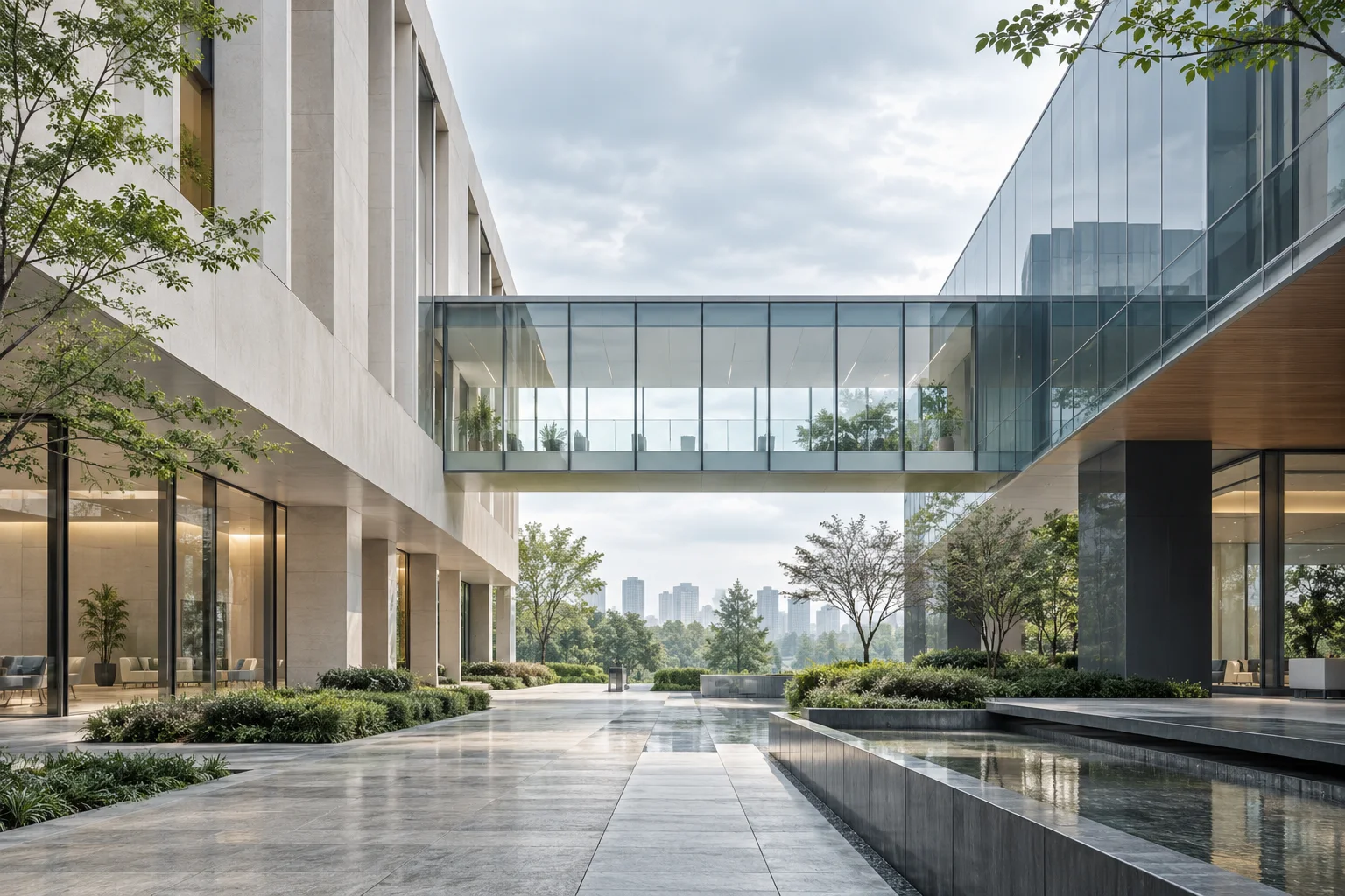 两翼不同材质的建筑通过通透廊桥相连,体量真实克制,以空间关系表达调整与协同