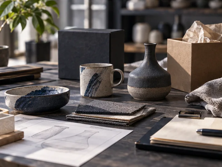 产品设计工作室的陶瓷和包装样品，旁边只有少量业务记录，账务支持产品经营的关系明确