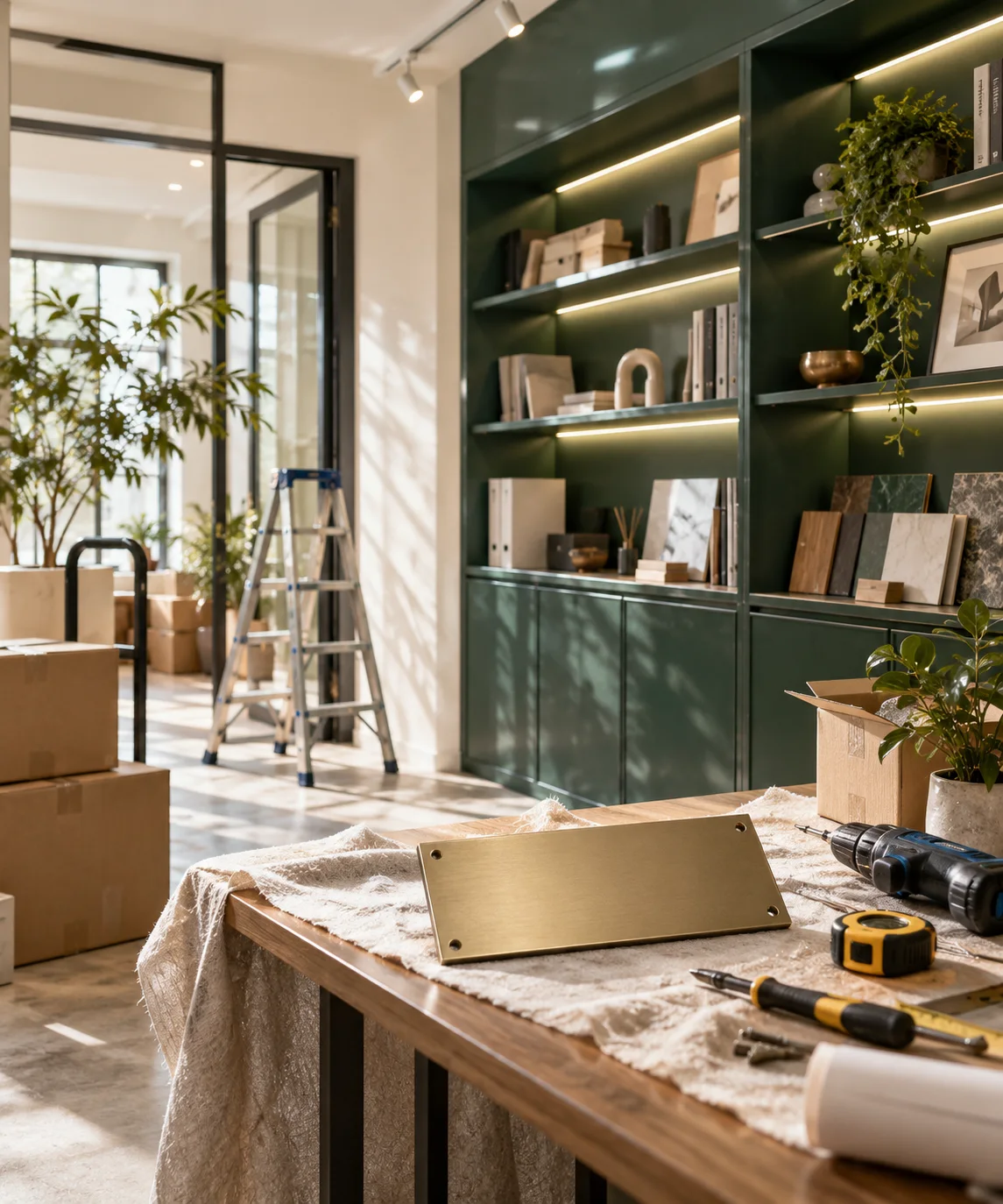 新工作室的样品展示墙刚布置好，未安装的空白门牌与工具放在前景，表达搬迁更新