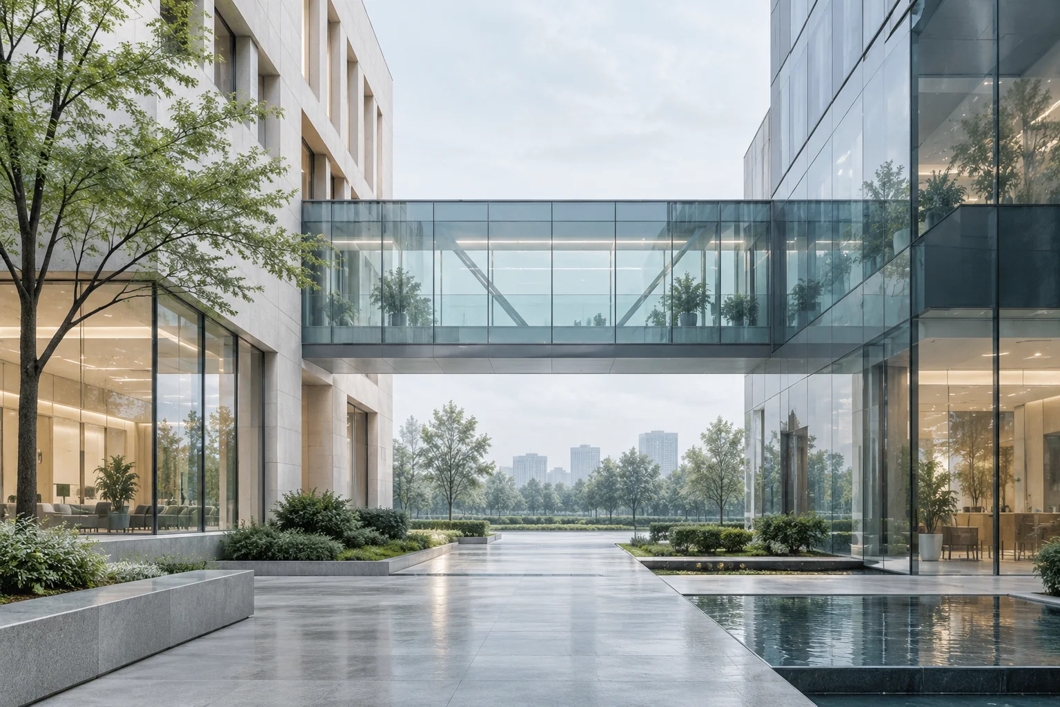 两翼不同材质的建筑通过通透廊桥相连,体量真实克制,以空间关系表达调整与协同