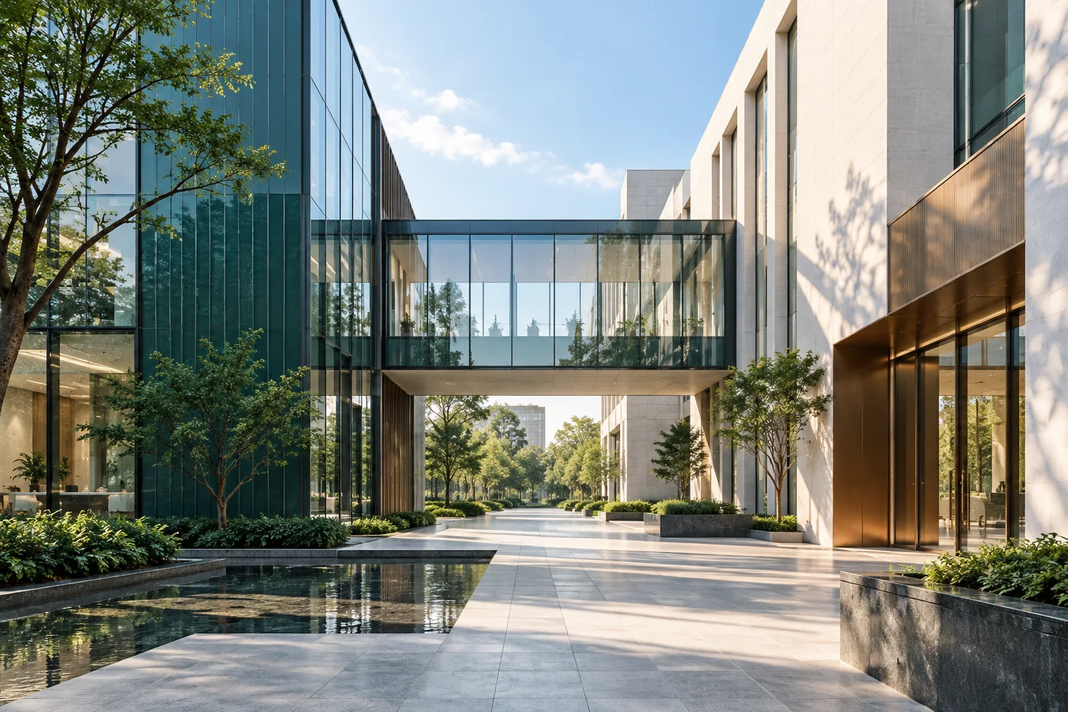 两翼不同材质的建筑通过通透廊桥相连，体量真实克制，以空间关系表达调整与协同