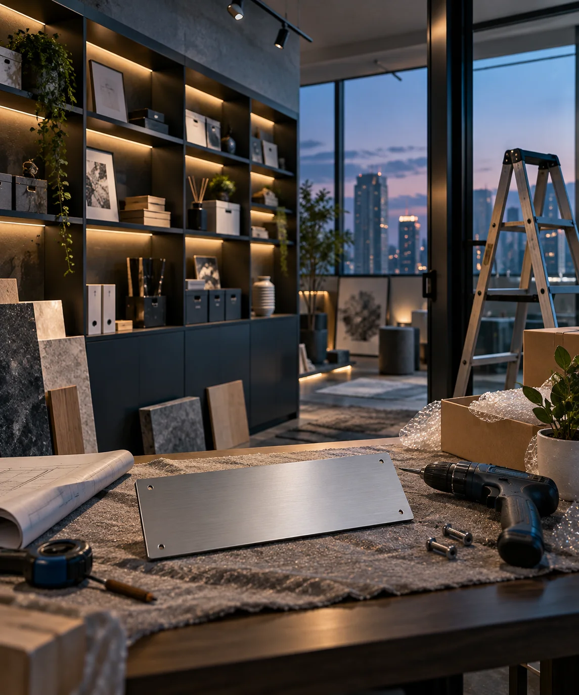 新工作室的样品展示墙刚布置好，未安装的空白门牌与工具放在前景，表达搬迁更新