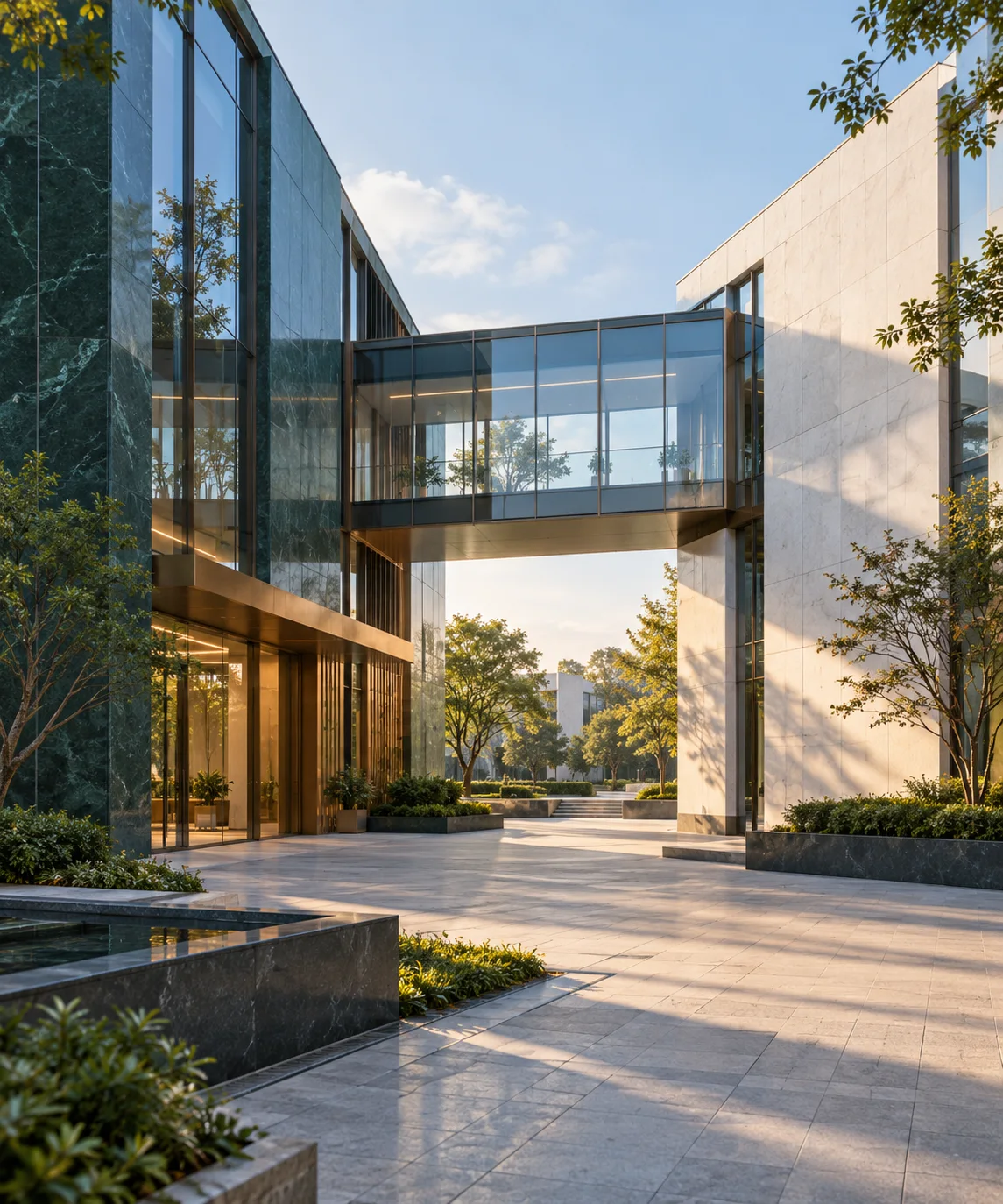 两翼不同材质的建筑通过通透廊桥相连，体量真实克制，以空间关系表达调整与协同