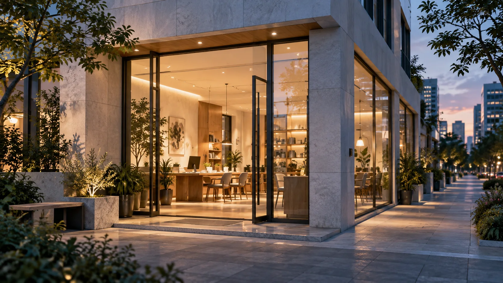 通透的现代街角独立店铺,石材门廊框住温暖的陈列空间,经营日常已从容展开