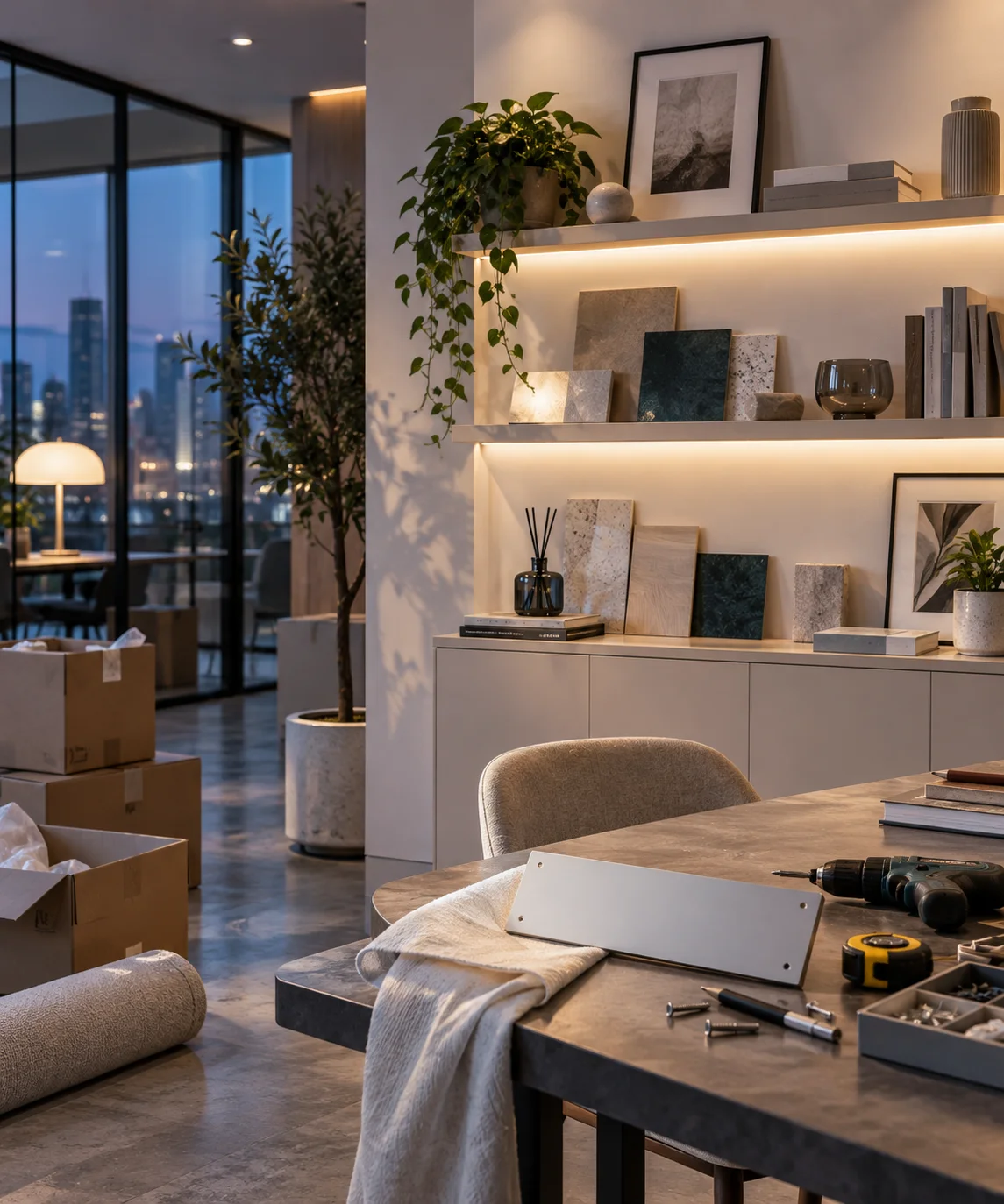 新工作室的样品展示墙刚布置好,未安装的空白门牌与工具放在前景,表达搬迁更新