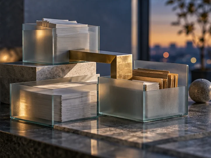 三组薄纸与磨砂玻璃盒形成有序的错层构成,中间真实金属桥接件体现日常账务归集