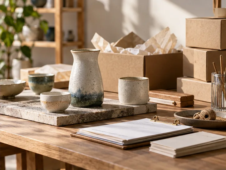 产品设计工作室的陶瓷和包装样品,旁边只有少量业务记录,账务支持产品经营的关系明确