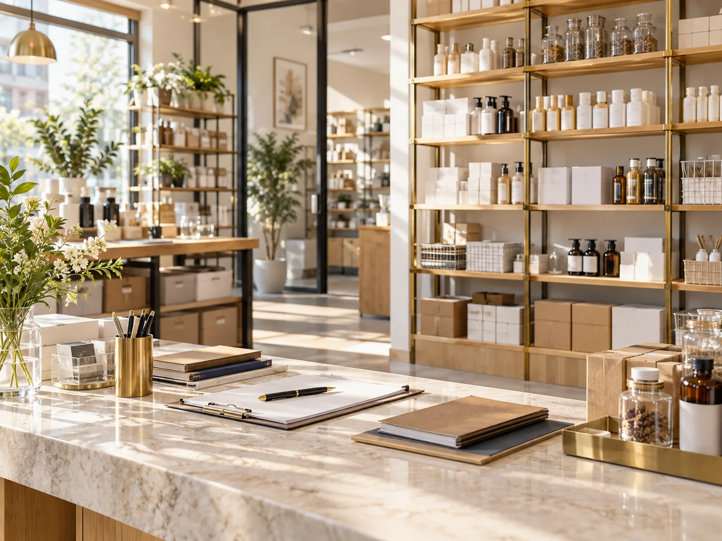 干净的产品样品与分类存储空间，细致的货架、空白资料记录，表现业务条件梳理
