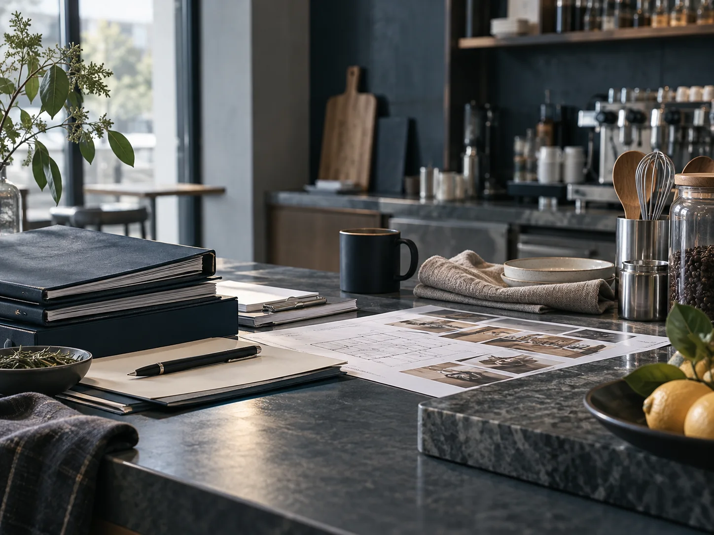 一组食品器物、设备材料与资料封套组成精细静物装置，禁止证书印章和获批勾号