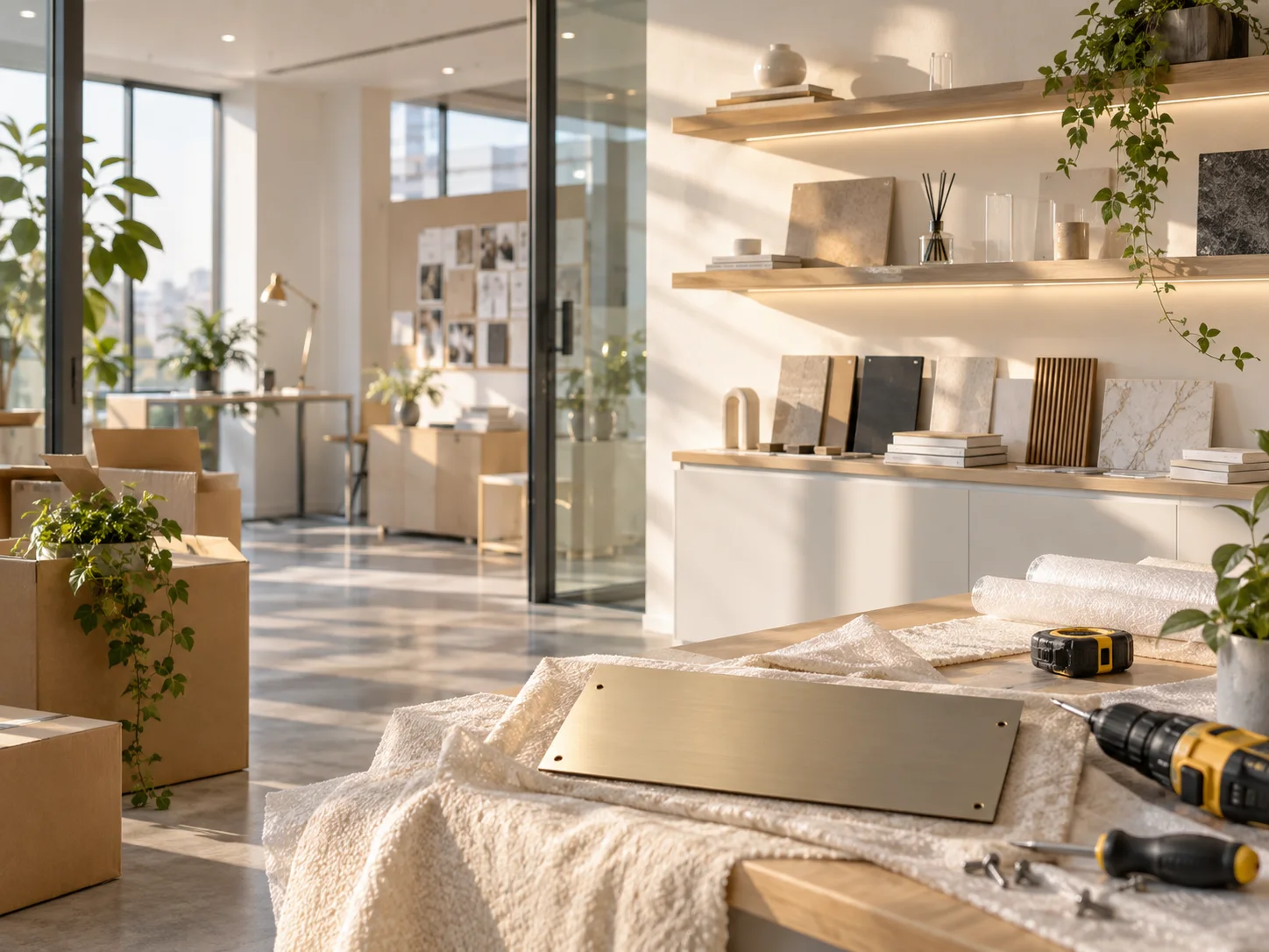 新工作室的样品展示墙刚布置好，未安装的空白门牌与工具放在前景，表达搬迁更新