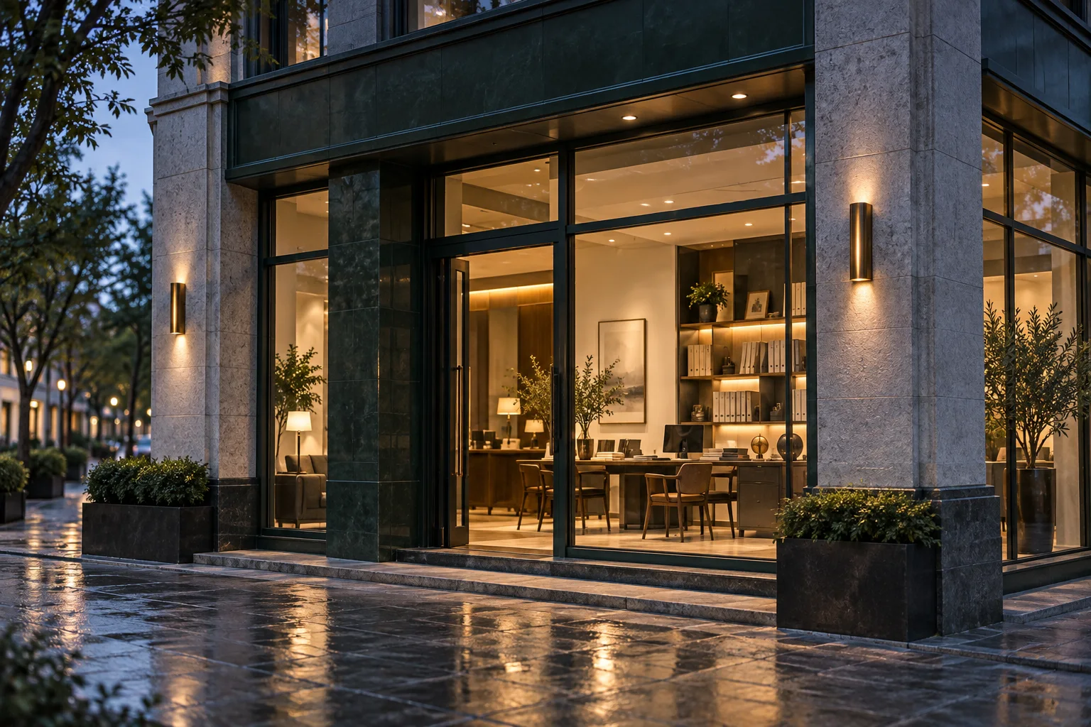 通透的现代街角独立店铺，石材门廊框住温暖的陈列空间，经营日常已从容展开