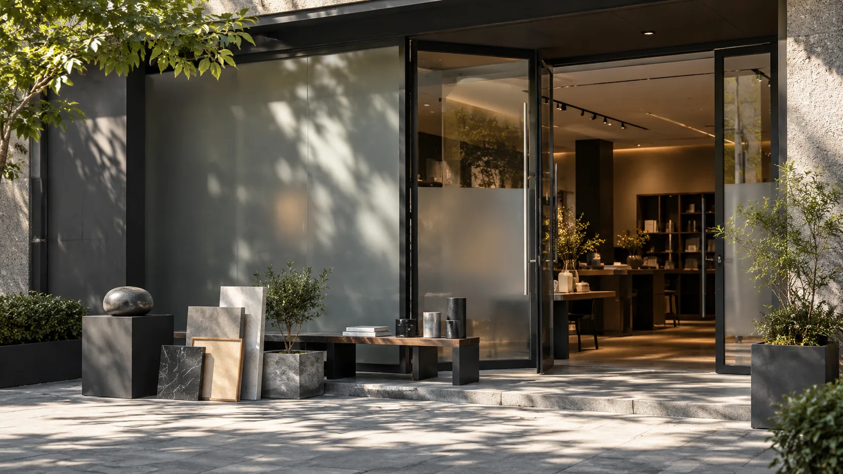 有石材门庭与磨砂玻璃的沿街商业空间，前景可见待布置的展示样品