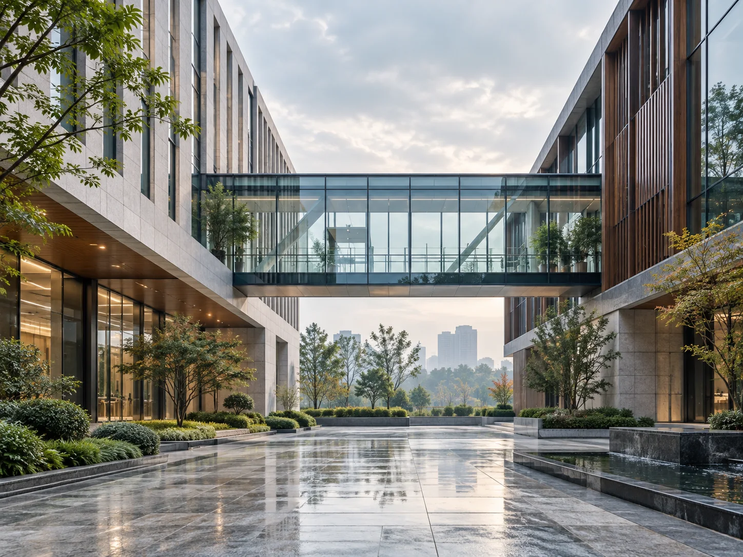 两翼不同材质的建筑通过通透廊桥相连,体量真实克制,以空间关系表达调整与协同