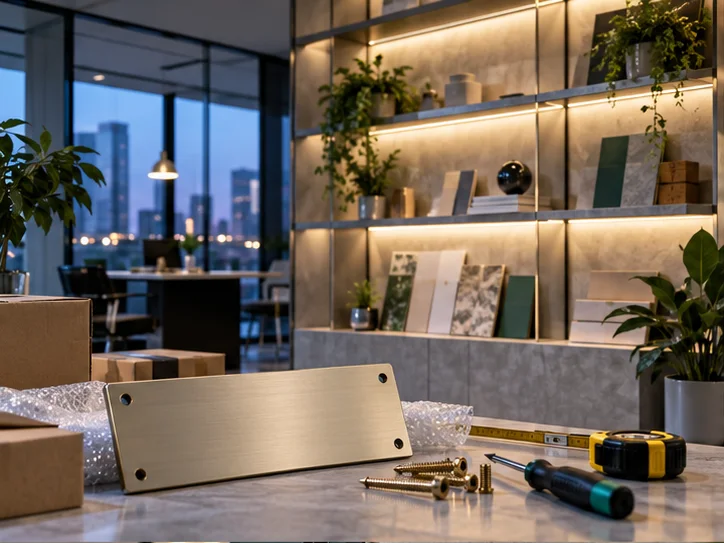 新工作室的样品展示墙刚布置好,未安装的空白门牌与工具放在前景,表达搬迁更新
