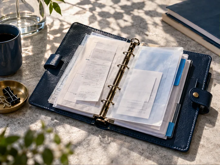 皮革册页、半透明凭证隔页和少量实物产品标签,表现业务记录与核算之间的联系