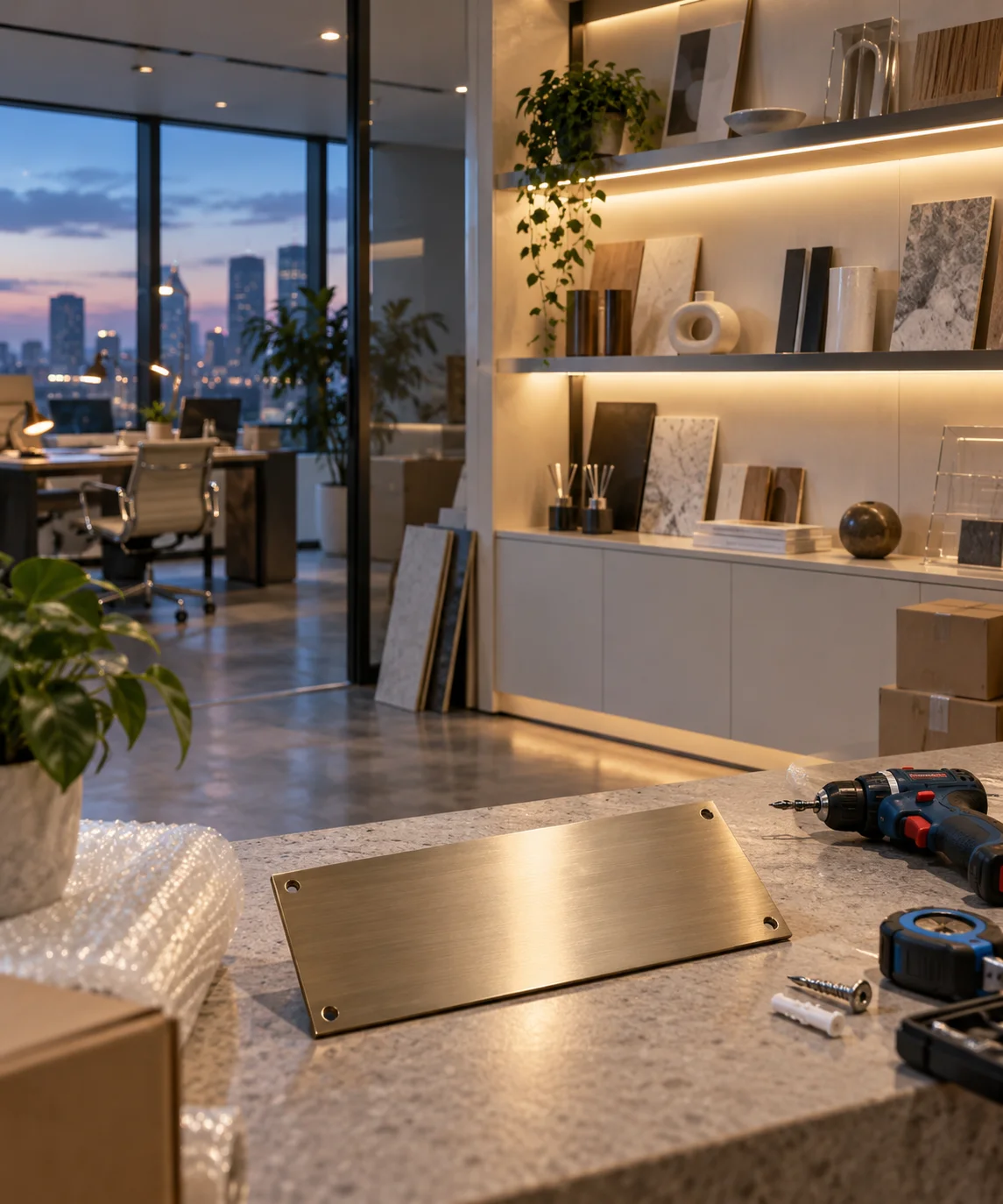 新工作室的样品展示墙刚布置好，未安装的空白门牌与工具放在前景，表达搬迁更新