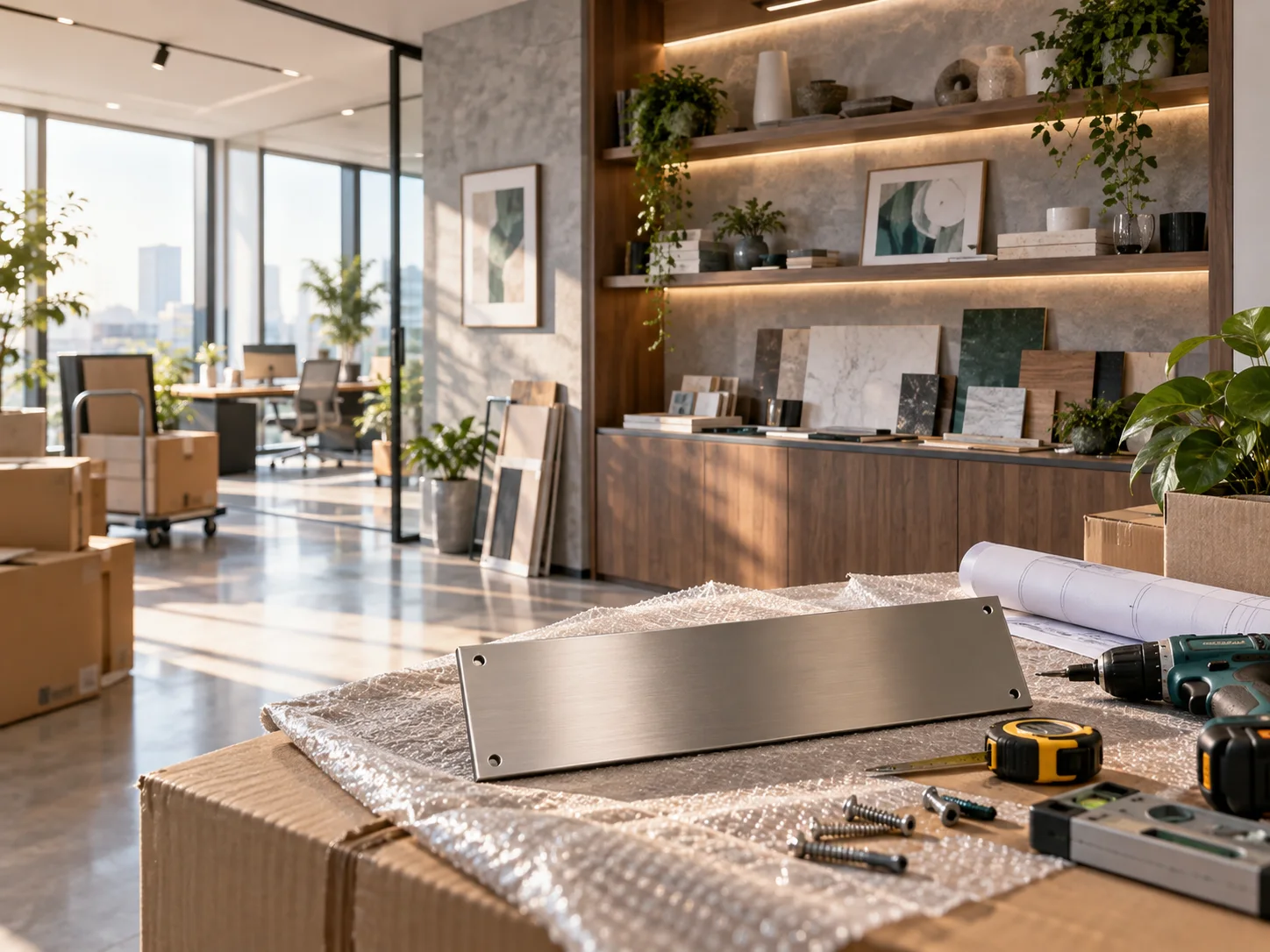 新工作室的样品展示墙刚布置好,未安装的空白门牌与工具放在前景,表达搬迁更新