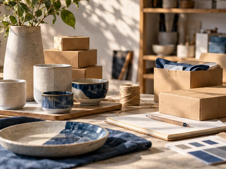 产品设计工作室的陶瓷和包装样品，旁边只有少量业务记录，账务支持产品经营的关系明确