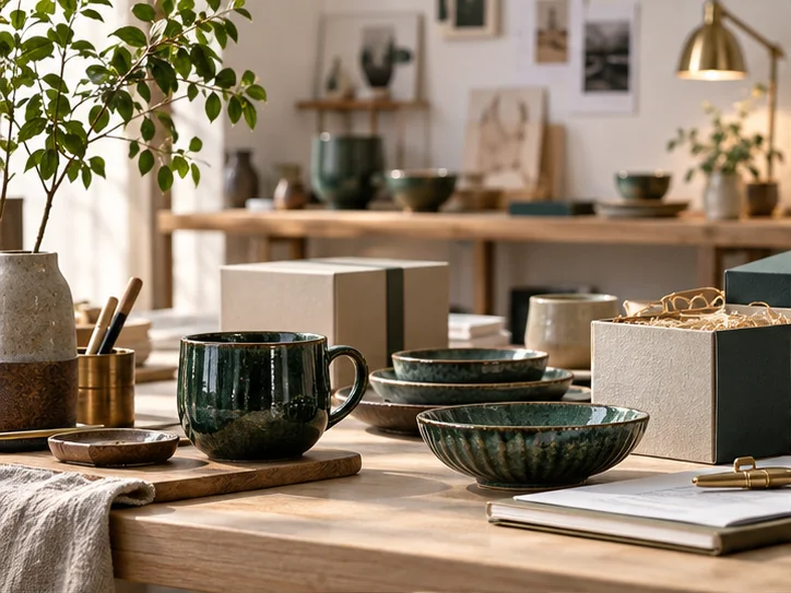 产品设计工作室的陶瓷和包装样品，旁边只有少量业务记录，账务支持产品经营的关系明确